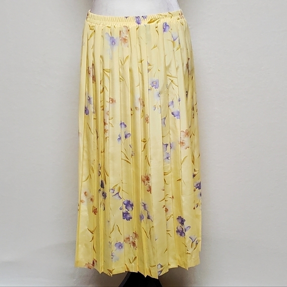 VINTAGE Leslie Fay Yellow Floral Plisse Accordion Pleat Full Length Midi Skirt - Picture 6 of 9